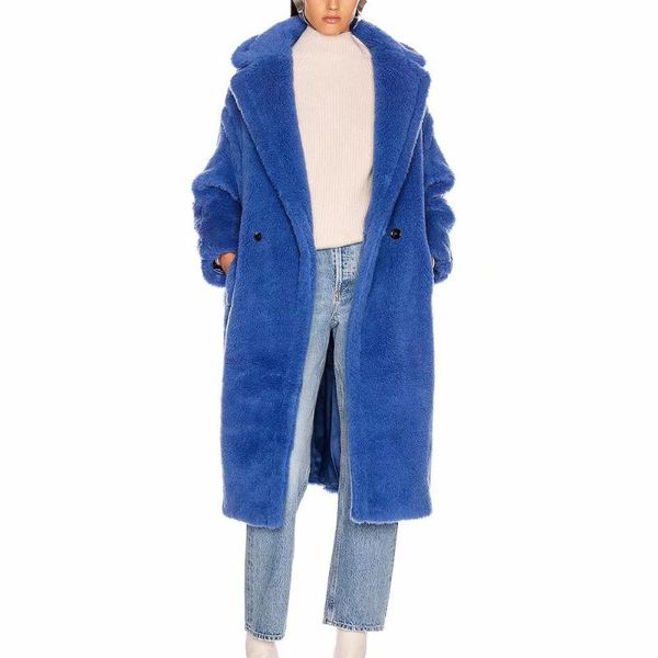 

women's wool & blends women 2021 fashion long version furry jacket coat vintage sleeve double breasted multicolor female outerwear chic, Black