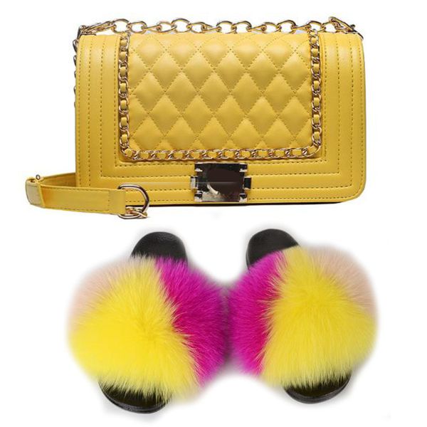 

women shoes sunmmer real fox fur slides and jelly purses sets furry snug falts slippers with bags extra fluffy luxury sandals, Black
