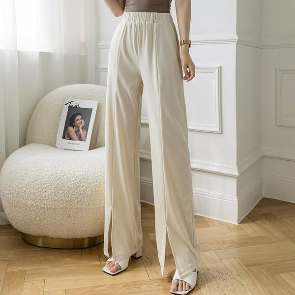 

women's pants & capris 2021 summer ice silk split wide leg wide-leg women solid color high waist drape loose straight thin casual, Black;white