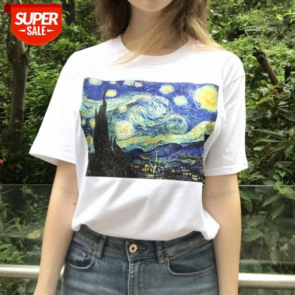 

sunfiz yf 1pcs starry night vincent van gogh tshirt vintage tshirt women white cool summer round neck #uc1p