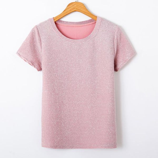 

2021 new fashion shiny lurex t shirt women basic t shirt casual o neck shirt woman solid cotton short sleeve t, White