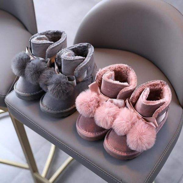 

leather kids snow boots fur shearling winter plush warm boots for toddler baby boys girls soft non slip children wool, Black;grey