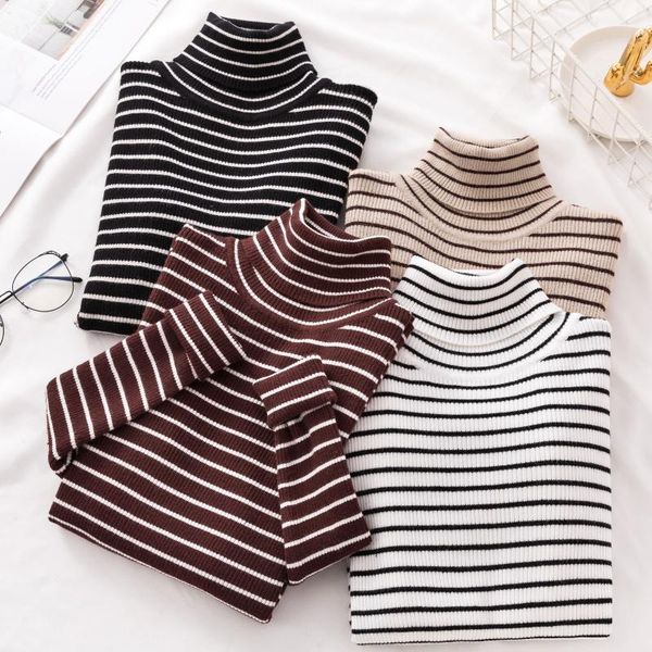 

women's sweaters 2021 fashion knitwear korean long-sleeved wild striped knit head turtleneck sweater, White;black