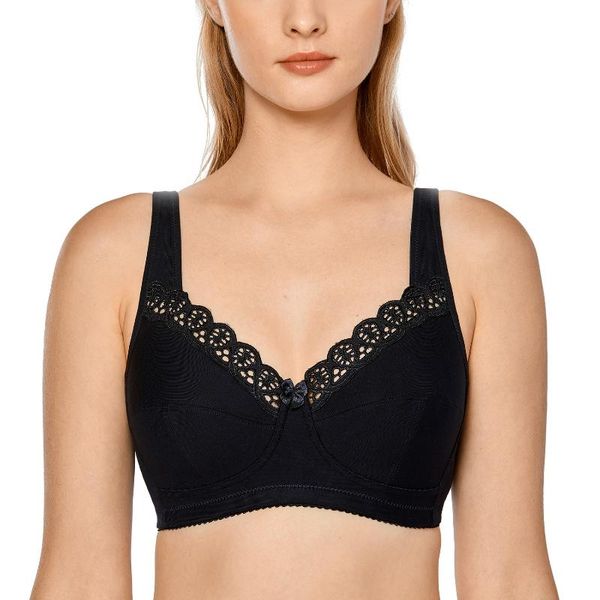 

women's plus size full coverage lace trim non-wired support cotton bra, Red;black