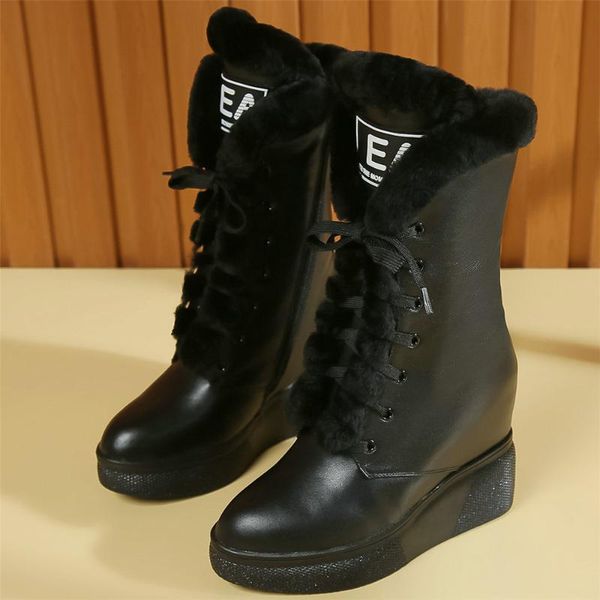 

boots winter creepers women lace up genuine leather wedges high heel ankle female warm fur round toe fashion sneakers, Black