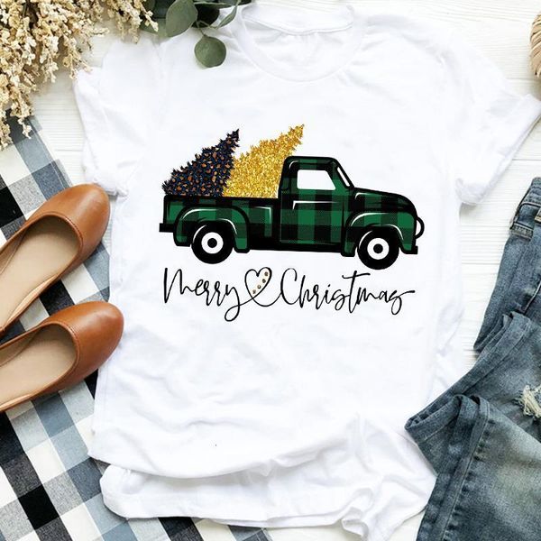 

women lady truck fashion winter plaid truck tree christmas womens clothes shirt t tee for tshirt female graphic t-shirt, White