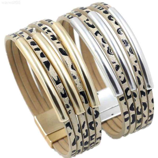 

luxury leather european and korean fashion wide leopard spotted national style multi-layer gold copper tube women's magnet buckle desig, Golden;silver