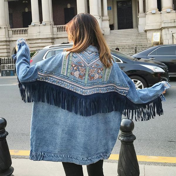 

women's jackets spring autumn jacket long sleeve blue denim loose big size irregular women flow comb fashion tide tassel, Black;brown