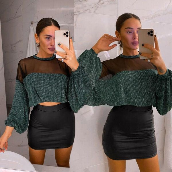 

women's t-shirt 2021 women sparkle mesh transparent long sleeve crop ladies fashion glitter backless perspective, White