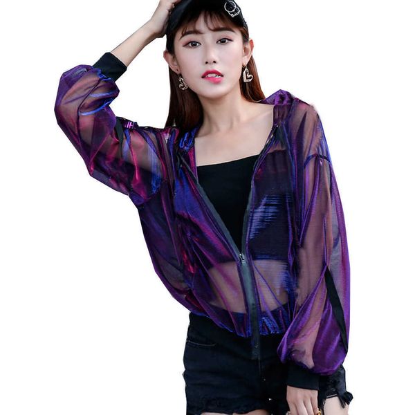 

summer rave festival wear clothes holographic womens hoodies outfits hologram women rainbow metal mesh jacket clothings, Black