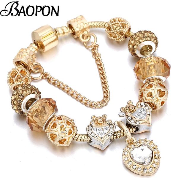 

charm bracelets gold color heart crystal class beads fits original diy brand bracelet bangle for women jewelry gift drop, Golden;silver