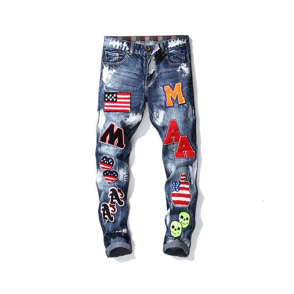 

2021 new autumn winter small straight alphabet embroidery flag bae paint men slim without bullet jeans trend men's pants 7vqi, Blue