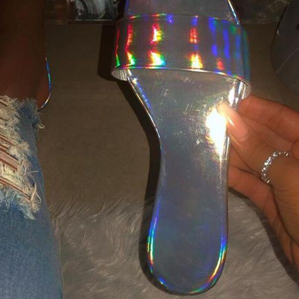 

slippers explosion summer women's word 2021 laser surface fashion color matching comfortable wild sandals and manufactu, Black