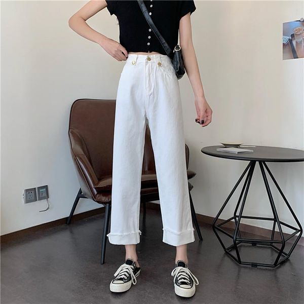 

women's jeans white 2021 spring thin high waist slim straight loose quarter wide leg pants, Blue