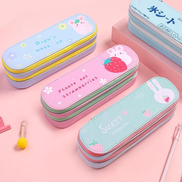 

pencil cases korean case simple large capacity pu leather pencils box double-layer stationery for student school supply