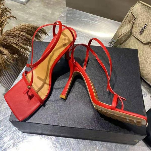 

dress shoes fashion square toe high heels genuine leather sandals women thin heel designers 2021 summer thong slip on, Black