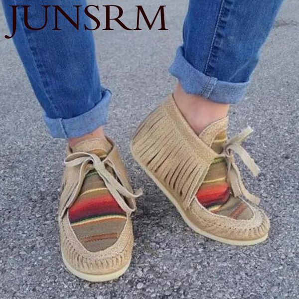 

boots 2021 women ankle rainbow stripes lace up flats shoes sewing tassel female casual femme autumn winter, Black