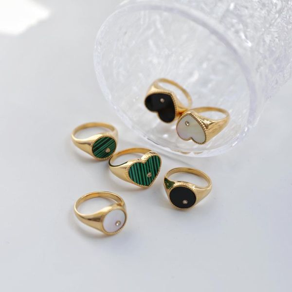 

cluster rings high end pvd plated vintage pink emeral clear zircon heart ring for women stainless steel jewelry wholesale, Golden;silver