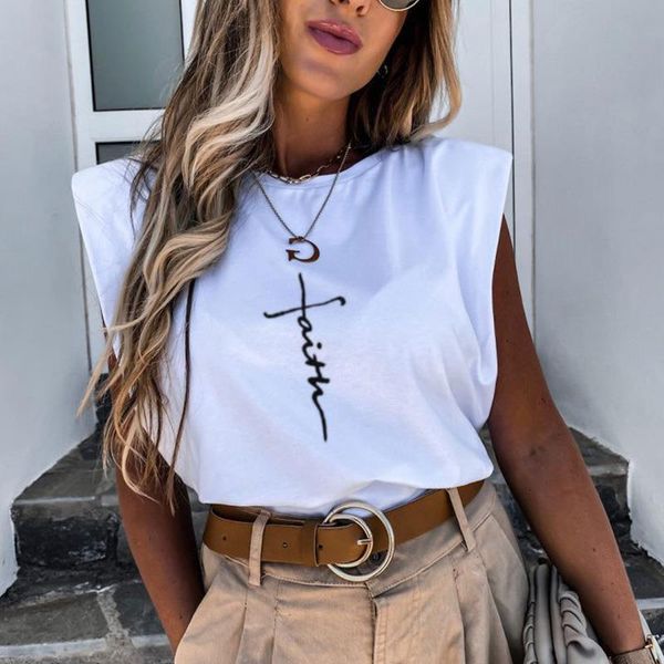 

100% cotton padded shoulder tees women t shirts print sleeveless streetwear o-neck female t shirt summer new fashion ladies top, White