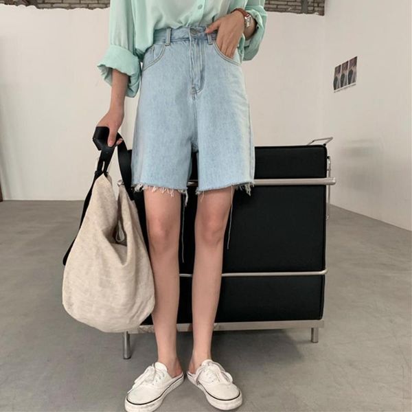 

women's shorts ladies loose casual burrs trousers leg light blue denim for going out summer street wear high waist, White;black