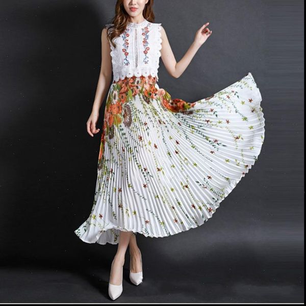 

ewq] 2021 summer new vintage style holiday trend casual high waist printed pleated ankle length wild female skirt 6 color qh953, Black