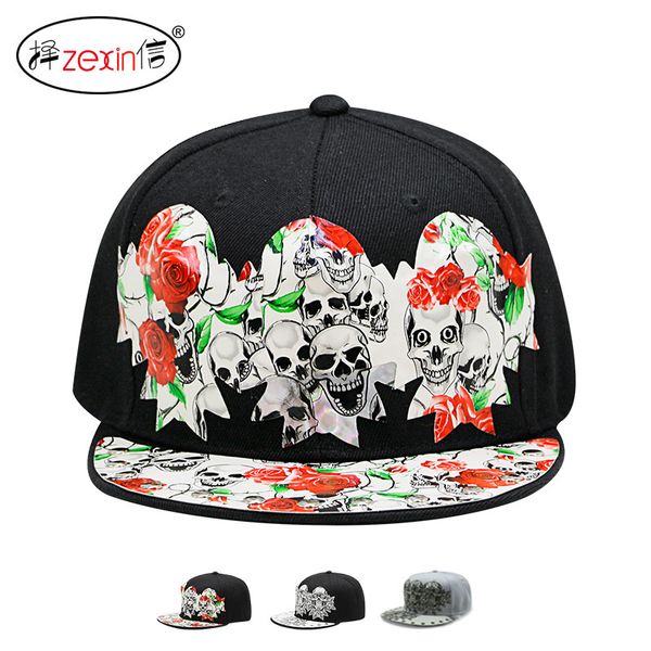 

trendy wo skull pattern paste glue baseball cap outdoor spring and summer sun shading men's flat edge hip hop hat, Blue;gray