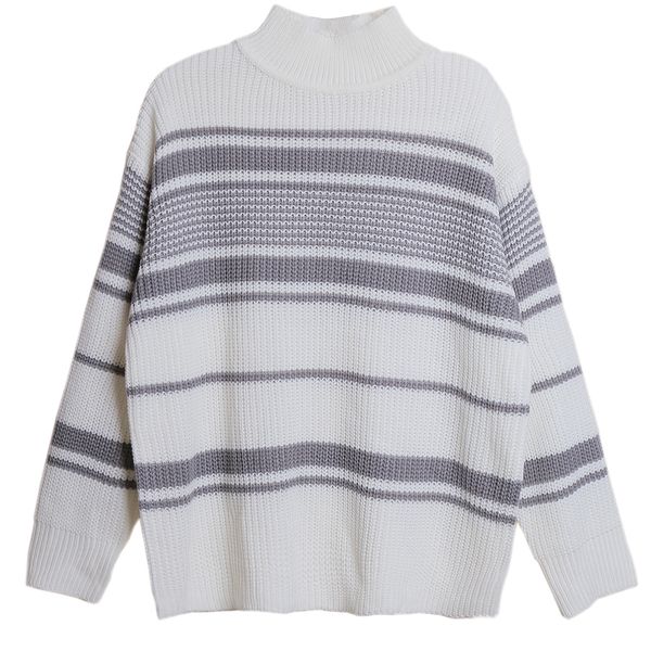 

2021 new autumn retro hit color stripes loose warm knit long sleeve turtleneck sweater women dy61, White;black