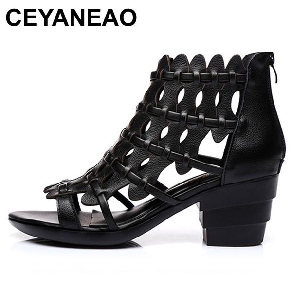 

ceyaneao european and american style retro genuine leather thick heel women sandals soft gladiator sandals ladies summer shoes, Black