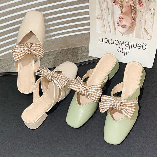 

slippers ladies sweet bowknot mules summer mid heels 2021 fashion closed toe leather slides elegant party shoes women, Black