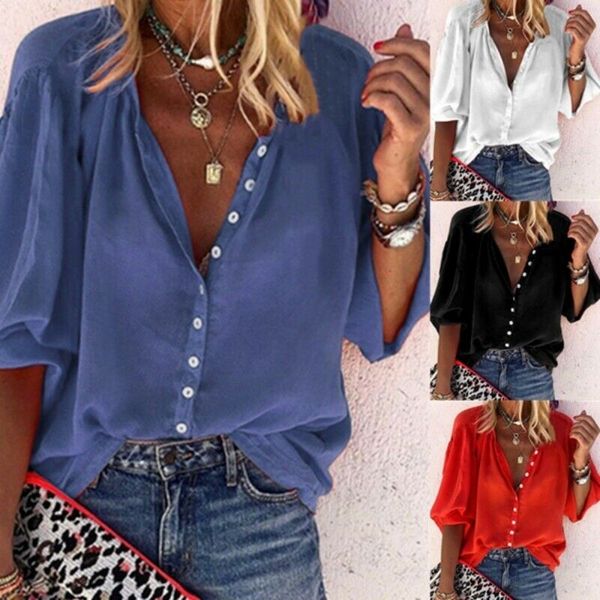 

womens spring casual v-neck 3/4 sleeve single breasted loose pullover blouse top, White