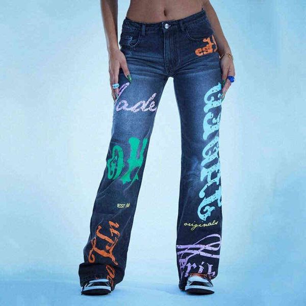 

y2k print denim pants women's casual jaded high street jeans women autumn london loose low rise straight trousers 211129, Blue