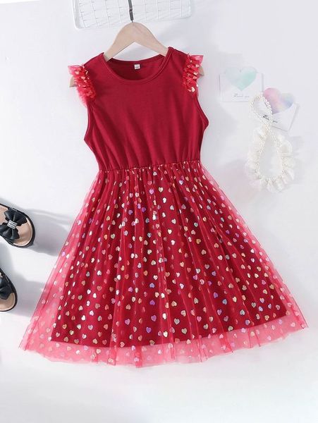 

girls heart print mesh overlay ruffle trim dress she, Red;yellow