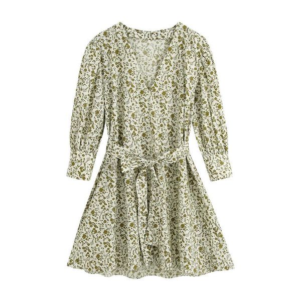 

casual dresses women stylish printed mini dress fashion v neck puff long sleeves with belt female vestidos mujer, Black;gray