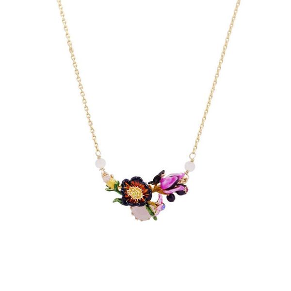 

autumn and winter garden enamel necklace european and american style pink crystal purple water lily butterfly women's necklace, Silver
