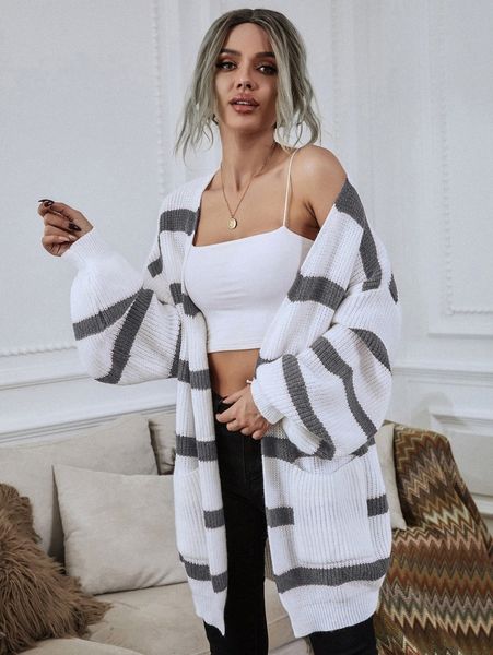 

lantern sleeve patch pocket striped cardigan s8vm#, White