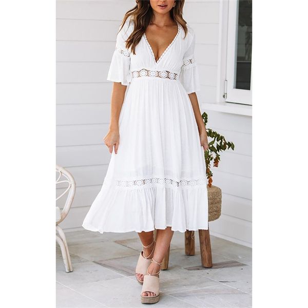 

elegant white women dress v-neck lace patchwork flare sleeve high street long midi female beach dresses plus size w528 210715, Black;gray