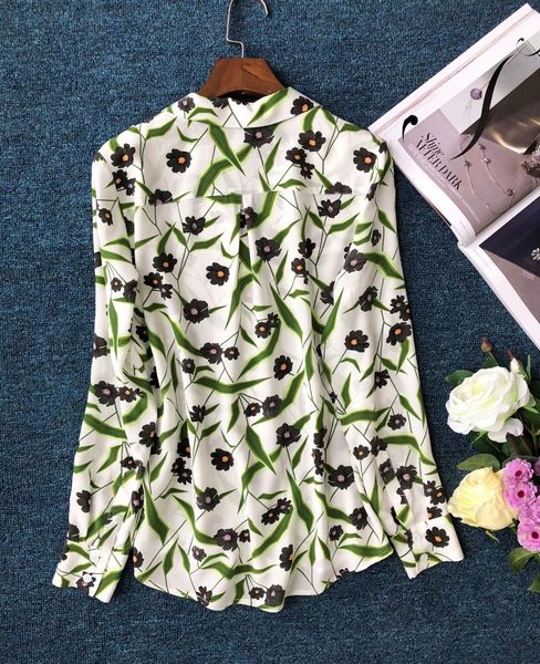 

2021 new 100% seda blusa feminina romntico folha verde flor impresso manga longa camisa s77u, Black