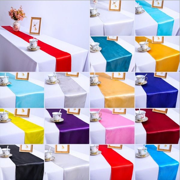 10 pc corredores de mesa de cetim branco / vermelho / preto / ouro / prata / champanhe 18 cor 30 * 275cm para casamento el banquete decoraça a casa 220215