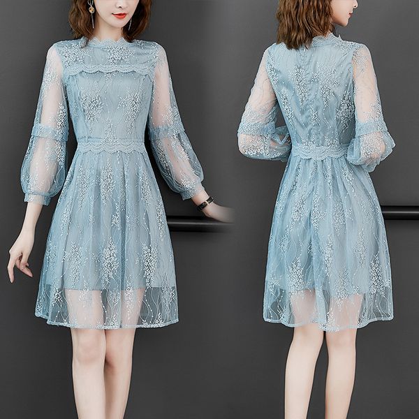 

2021 new lace spring summer embroidery women a line elegant party korean slim midi vestidos verano kj2162 qv0v, Black;gray