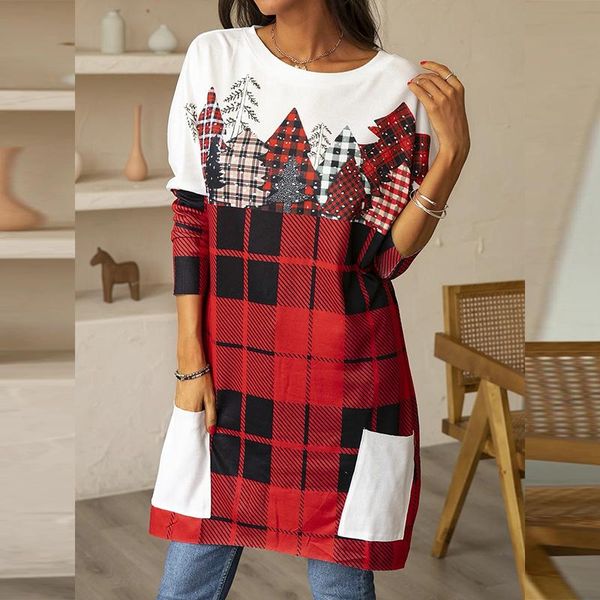 

women's blouses & shirts autumn fashion round neck pockets shirt blusa women elegant long sleeve pullover christmas plaid print casual, White