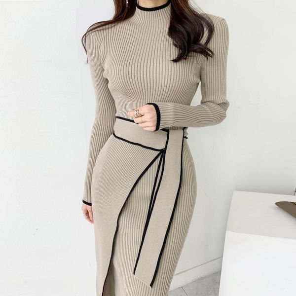 

casual dresses chic autumn elegant stand collar contrast color bonded pit strip bandage waist slim long sleeve knitted dress women, Black;gray