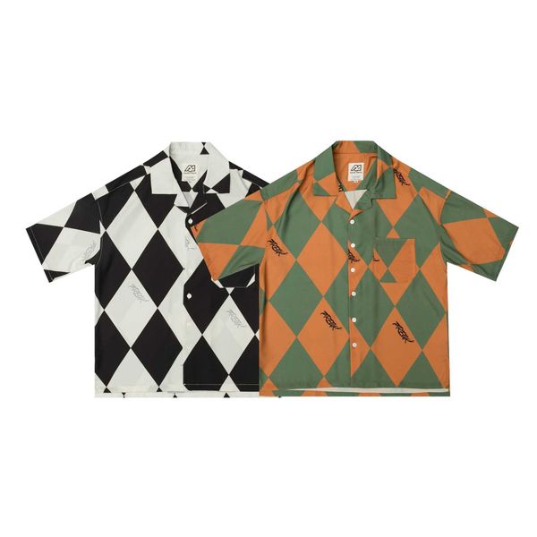 

fashion shirt short sleeve men's summer street personality diamond check color contrast couple loose, White;black