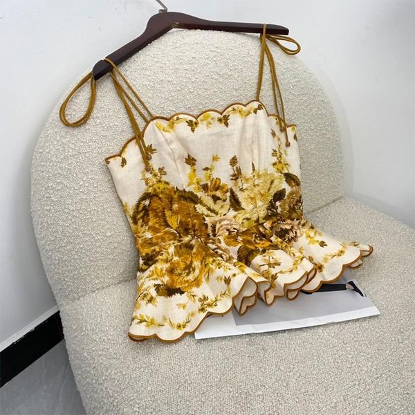 

women's blouses & shirts linen summer women fashion yellow flower print sleeveless 2021, White