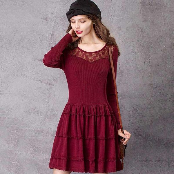

casual dresses artka women's autumn round neck lace woolen dress comfy long sleeve pleated one piece mini lb10867q, Black;gray