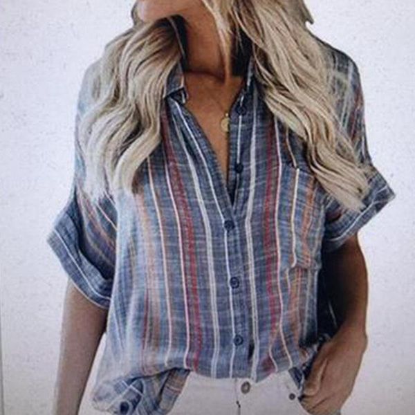 

women's blouses & shirts casual women stripped shirt summer loose short sleeve office ladies turn-down collar pocket streetwear, White
