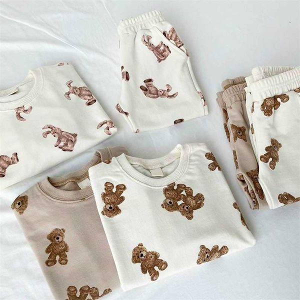 Crianças Crianças Tracksuit Dos Desenhos Animados Urso Imprimir Roupas Conjuntos Do Outono Bebê Menino Manga Comprida Suéter + Calças 2 PCS Terno 211021