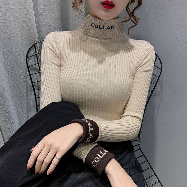

color matching high neck lettered sweater for women with new autumn and winter 2021 knitted top, White;black