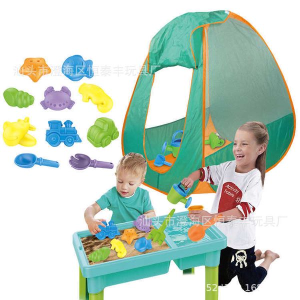 

children outdoor sand digging tool table with tent set toys, Blue