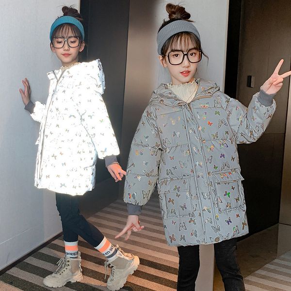 

2021 New 4-13yrs Girls Parka Winter Coat Padded Jackets for Children Reflective Fashion Butterfly Print with Warm Hood Cotton Outerwear Dya4, Blue;gray