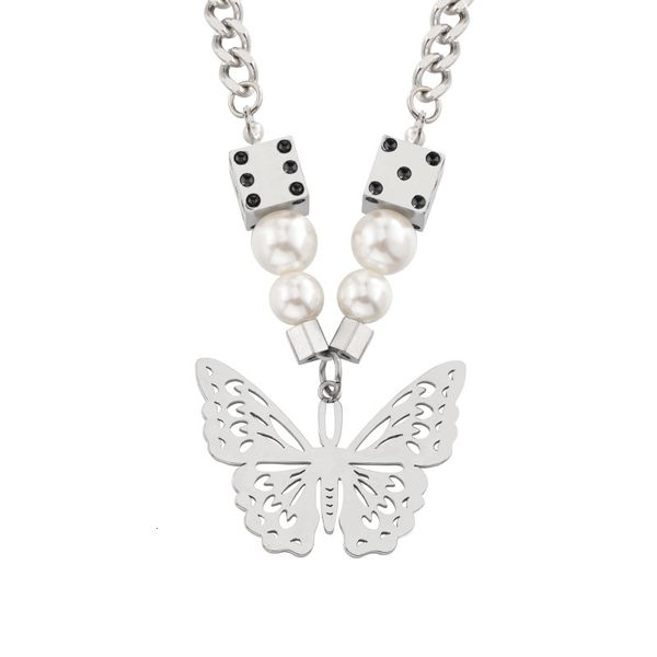 

fashion butterfly pendant for men and women titanium steel dice pearl jewelry, Silver